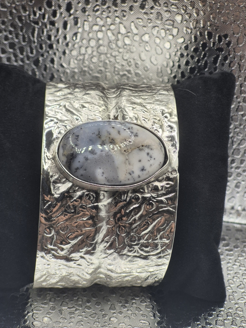 Silver Textured Cuff Bracelet with White/Blue Handcut Stone